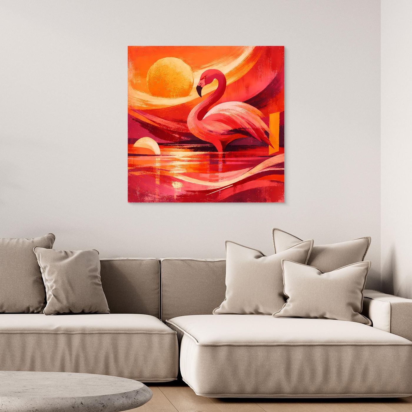 Leinwandbild mit pinkem Flamingo, orange-roter Sonne und Wasserreflexionen