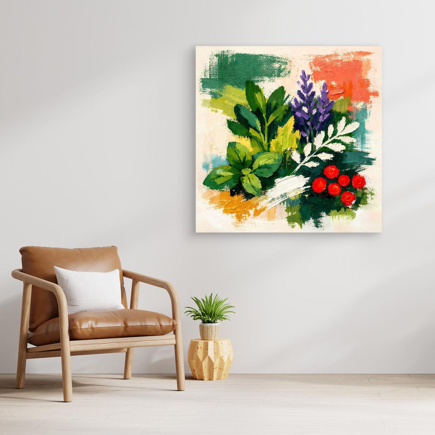 Abstract herb bouquet wall art with multicolor foliage and red berries on a light background