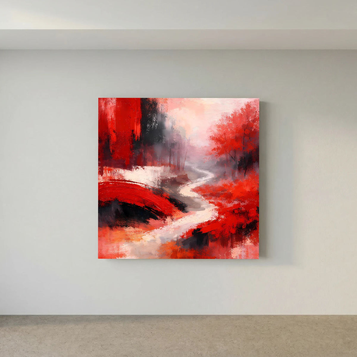 Rotes Wandbild auf Leinwand mit Flussbrücke, dunklen Konturen und nebliger Grau-Zone