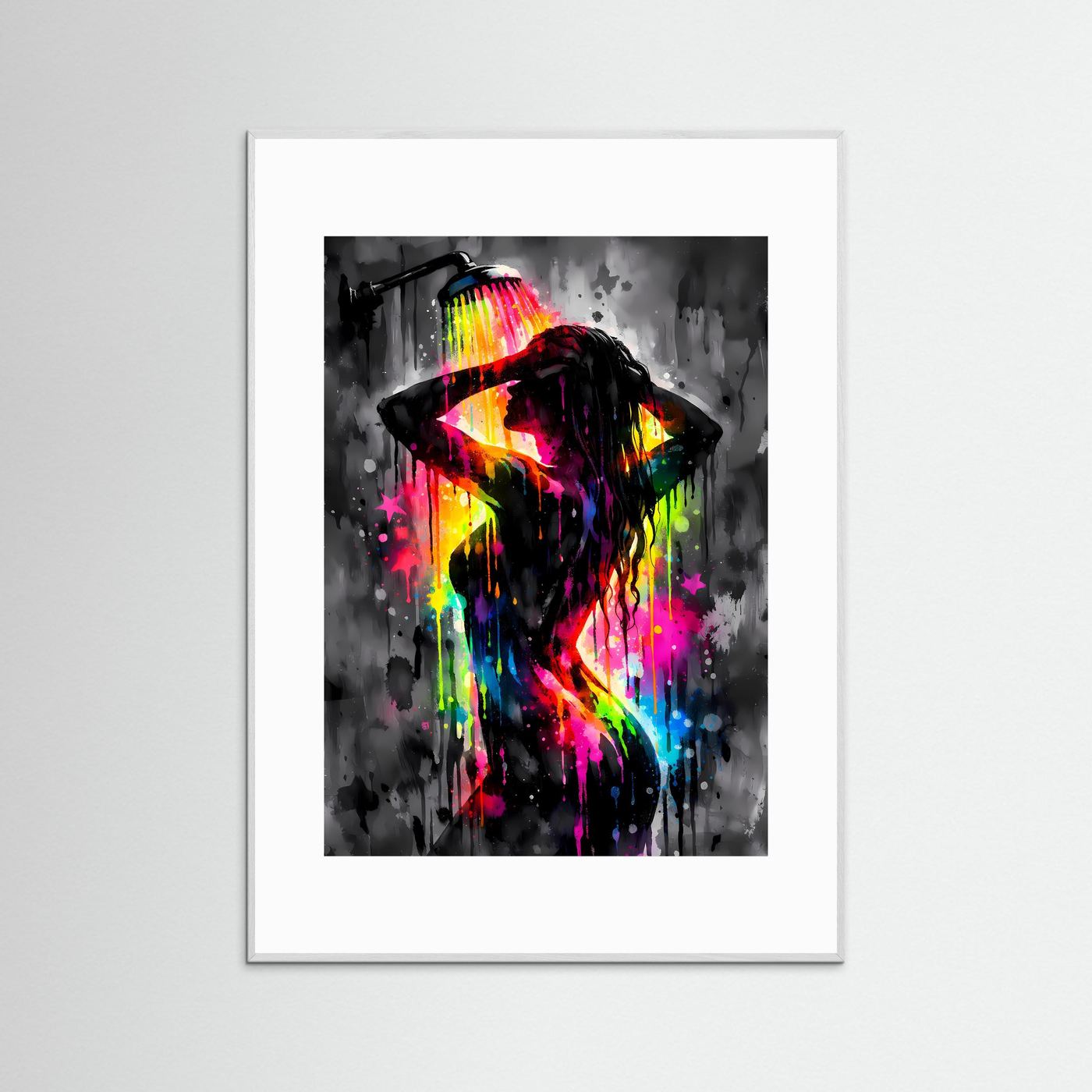 Die Kunst der Erfrischung | Neon Dusch-Poster mit weiblicher Silhouette & Regenbogen-Farben | Abstraktes Pop-Art Kunstposter Hochformat