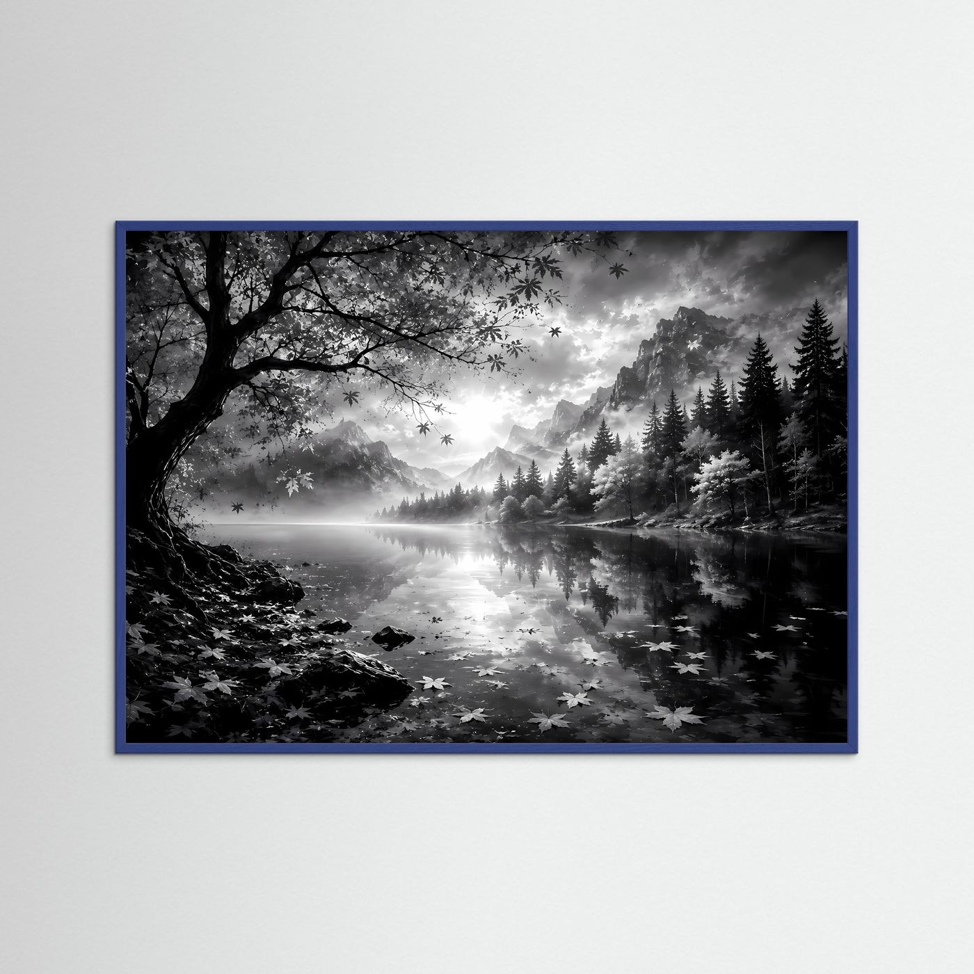 Schwarz Weiß Landschaft Poster | Bergsee Wandbild | Nebel Berge Natur | Monochrome Wandkunst | Moderner Fine Art Print