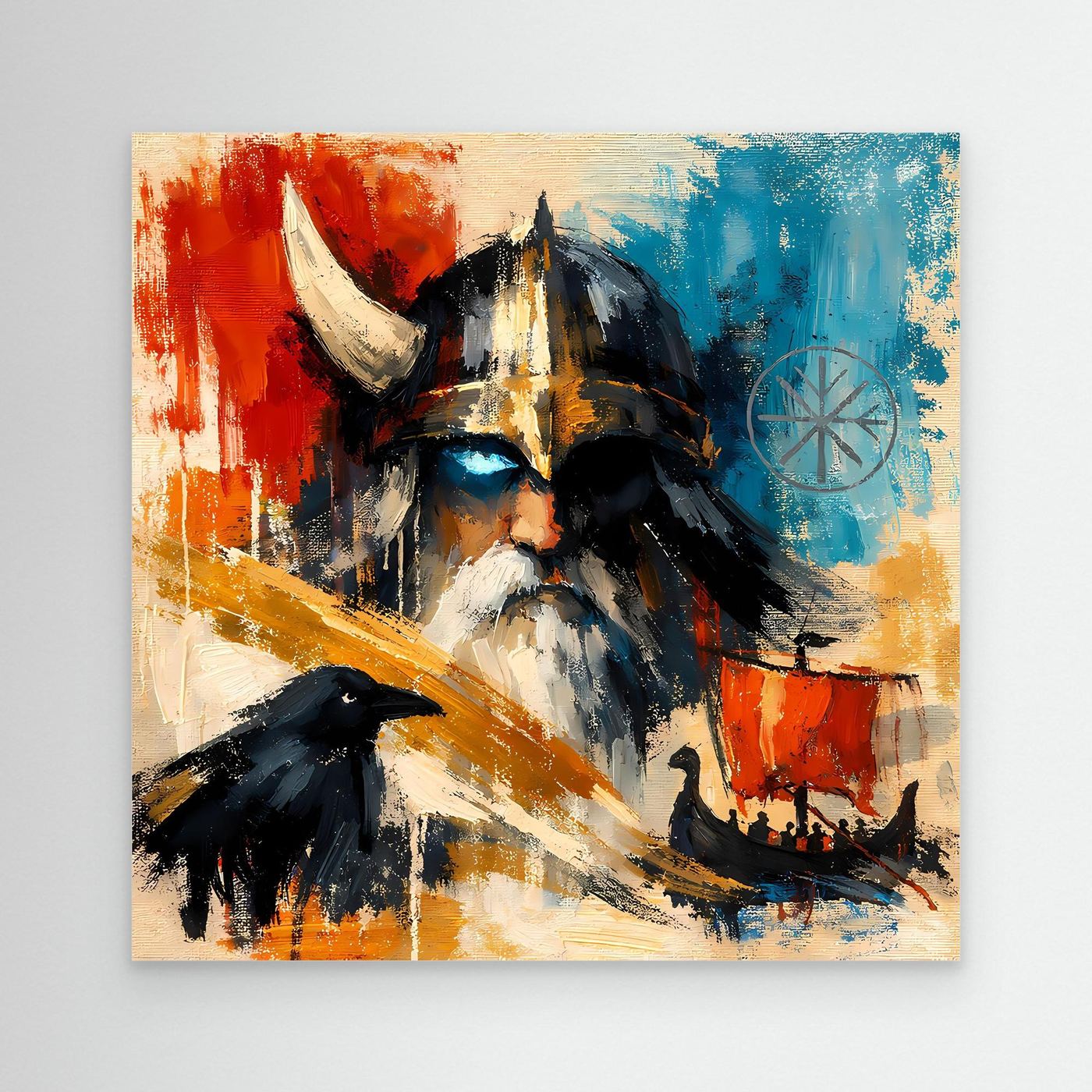 Nordic abstract wall art canvas of a Viking warrior with a raven, red and blue strokes.