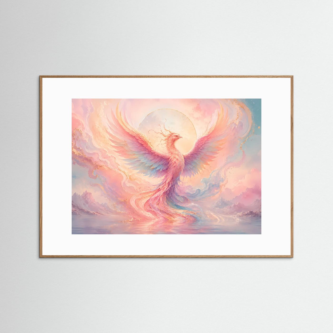 Phönix Poster Pastell | Mystischer Feuervogel Wandkunst | Abstrakte Fantasy Kunst | Elegantes Wandbild in Rosa & Gold