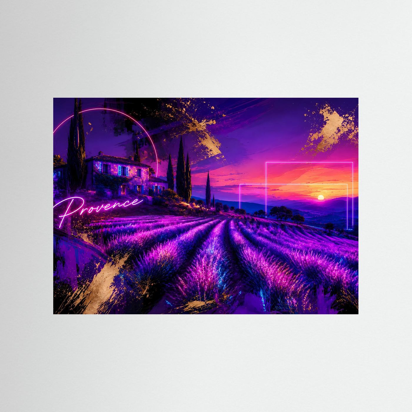 Provence Lavendelfeld Neon Poster | Futuristische Landschaft | Lavendel Sonnenuntergang | Moderne Wandkunst | Fine Art Print