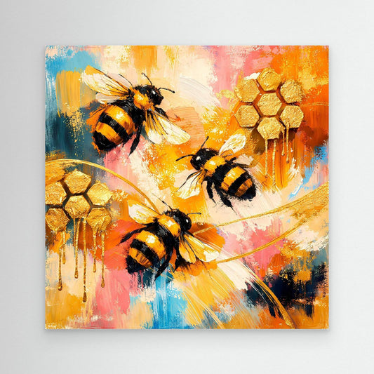 Leinwandbild mit abstraktem Bienenmotiv und goldenen Waben, ohne Rahmen