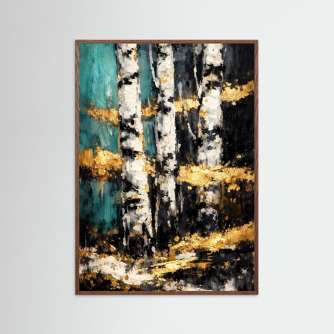 Abstraktes Naturposter mit Birkenstämmen im dunklen Eichenholzrahmen, türkis, schwarz, gold.