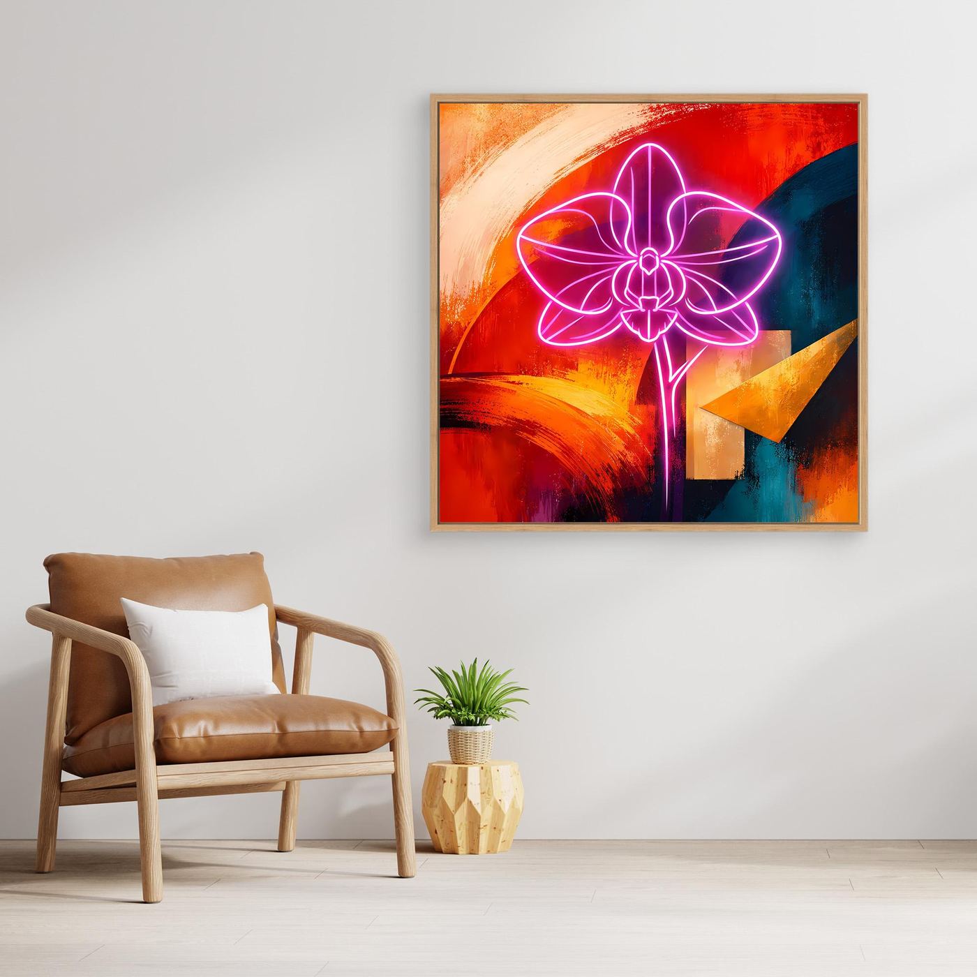 Gerahmtes Leinwandbild: leuchtende Orchidee mit neonpinkem Umriss, rotes und blaues Farbspiel
