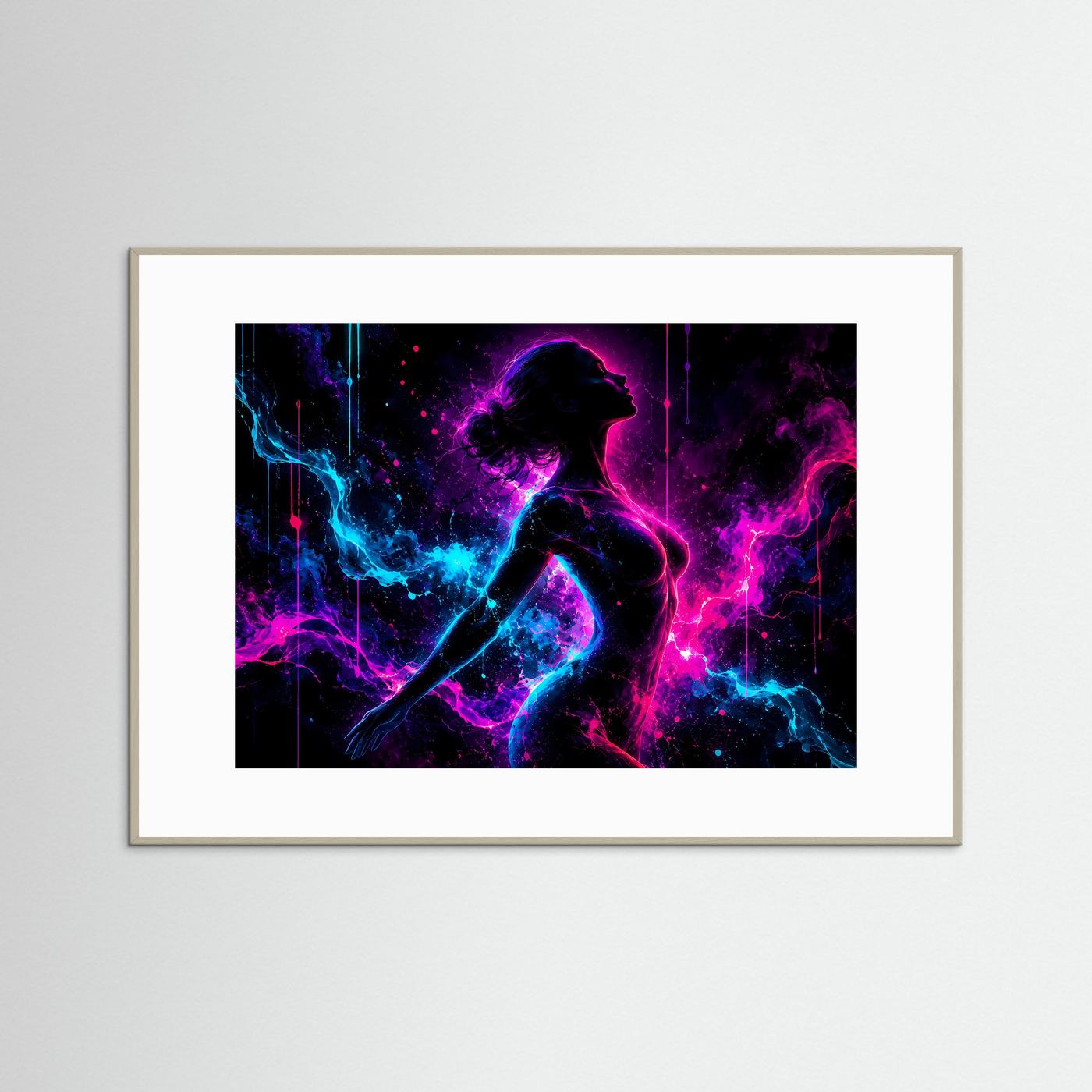 Neon Frauen Silhouette Poster | Abstrakte Moderne Wandkunst in Pink Blau | Leuchtender Frauenkörper | Futuristischer Kunstdruck