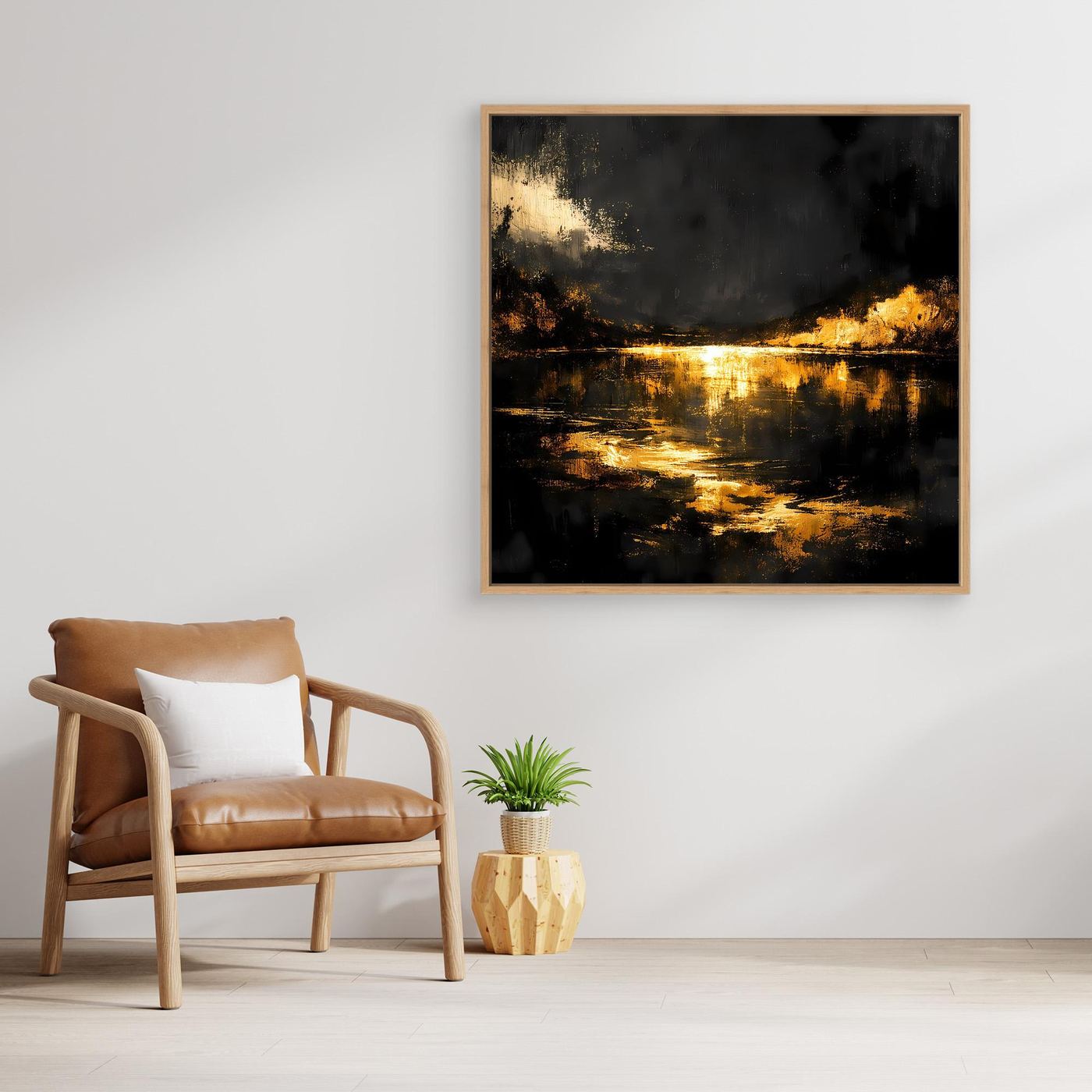 Leinwand Goldene Flusslandschaft bei Nacht | Abstraktes Natur Wandbild Moderne Kunst