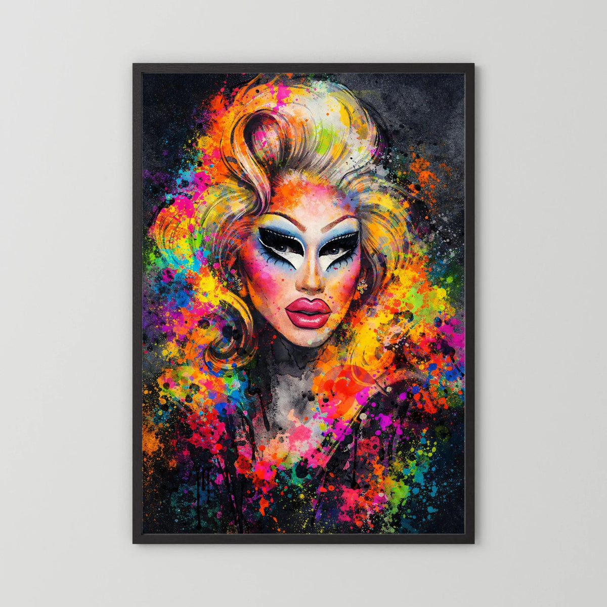 Wandbild: Drag-Queen-Porträt, abstrakt bunt, schwarzer Rahmen, Hochformat