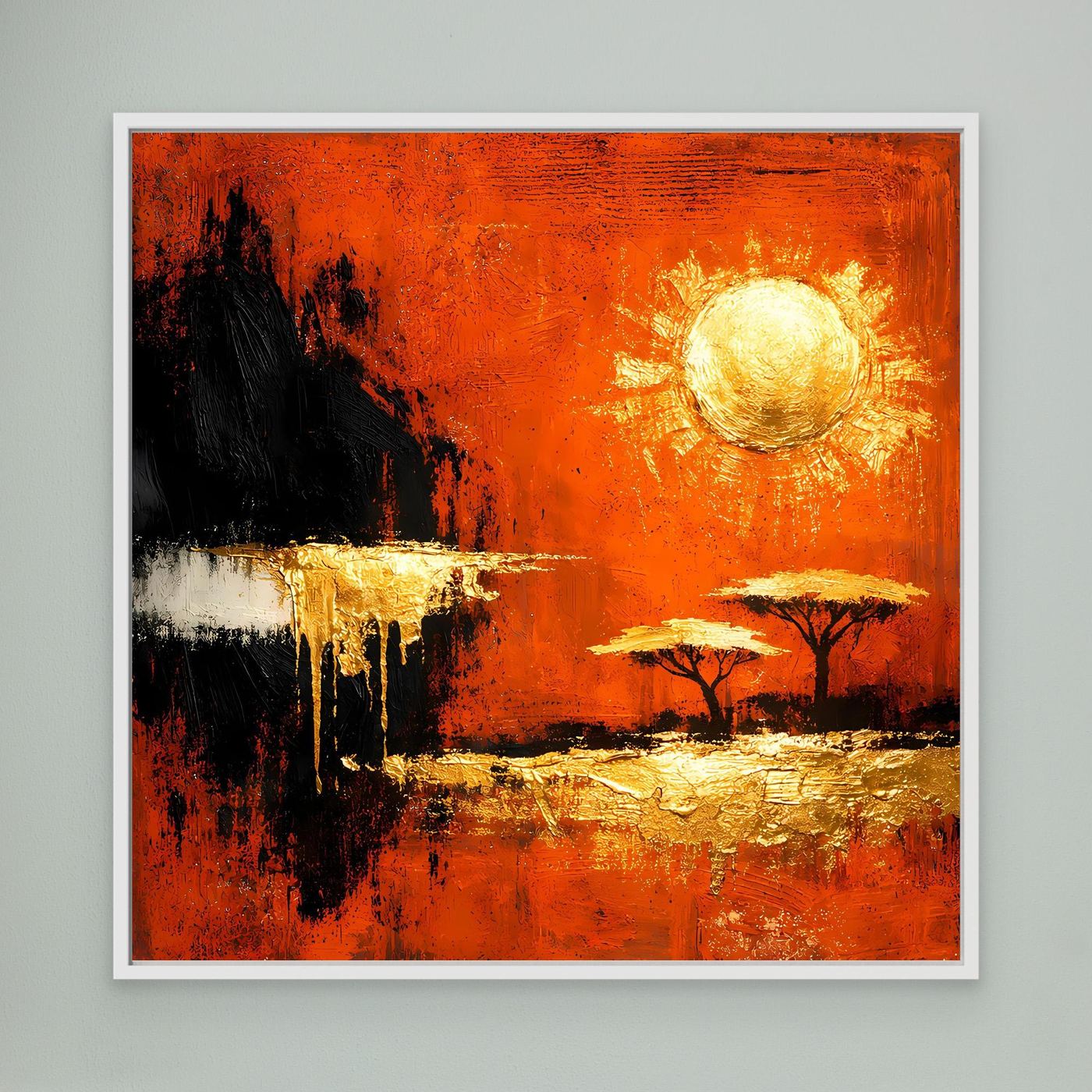 Leinwand Abstrakte Savanne bei Sonnenuntergang | Modernes Afrika Wandbild in Rot und Gold