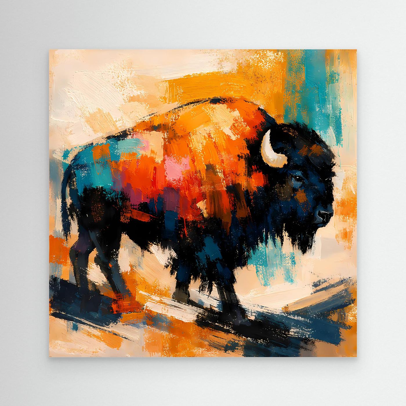 Close-up abstract bison canvas wall art with dark silhouette and orange, teal, and blue paint