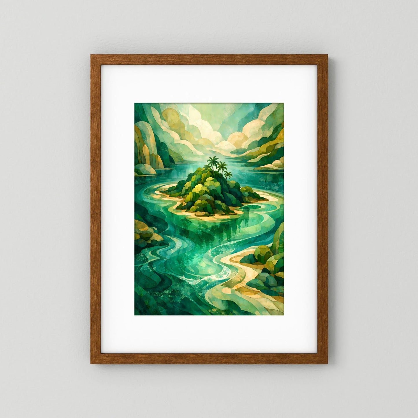 Poster mit abstrakter Insel in Türkis und Grün, brauner Holzrahmen mit weißem Rand