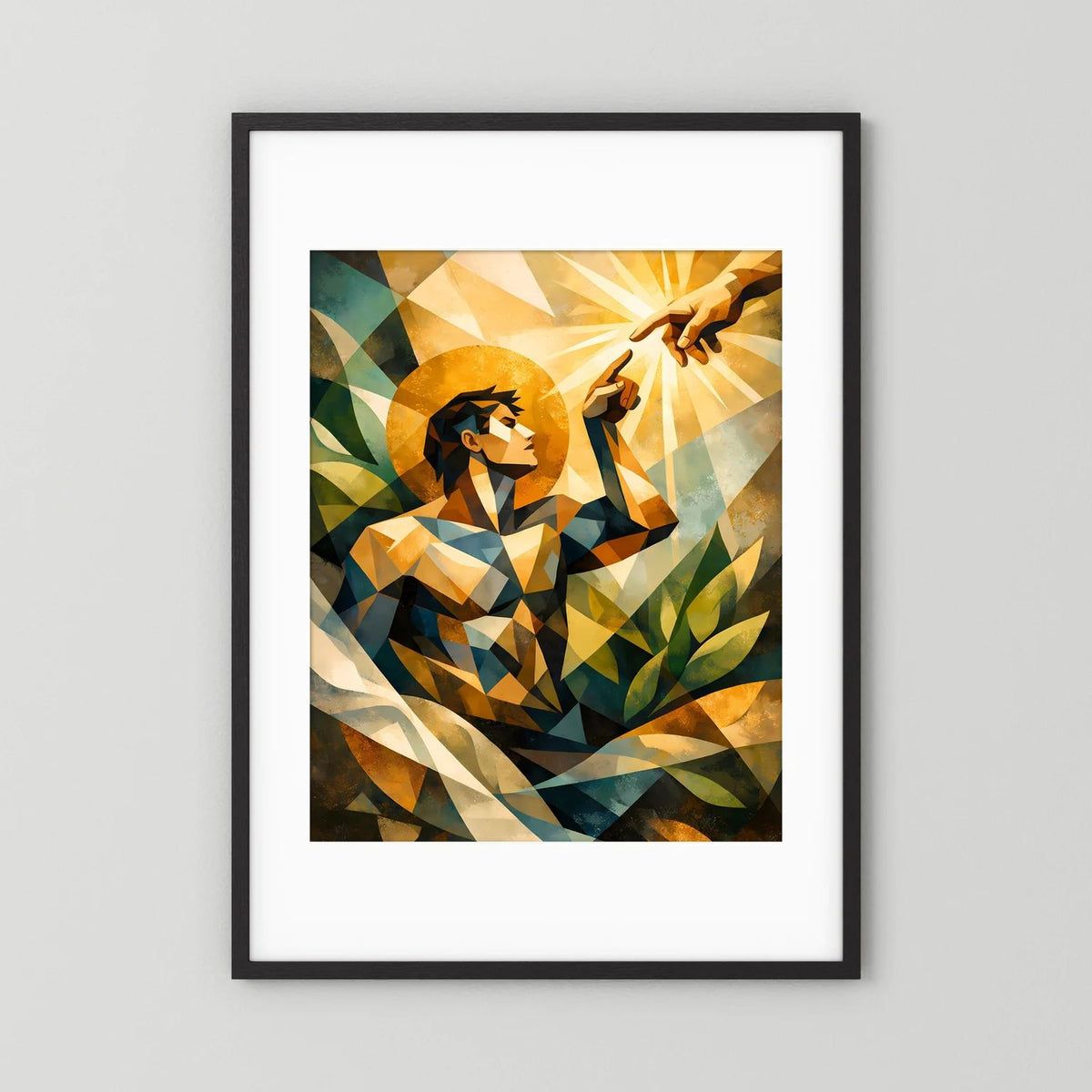 Gerahmtes Poster im Hochformat mit weißem Passepartout, geometrischer Mensch und goldene Strahlen