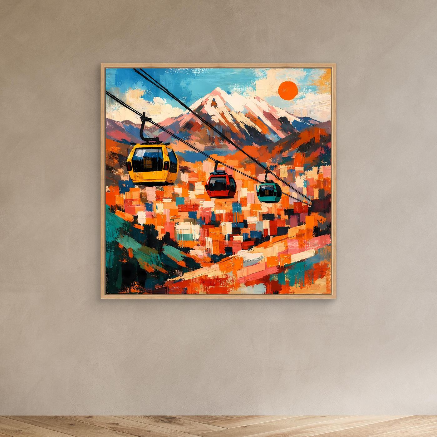 Abstraktes Leinwand-Wandbild mit Seilbahn-Gondeln und Berg, goldener Rahmen, bunt
