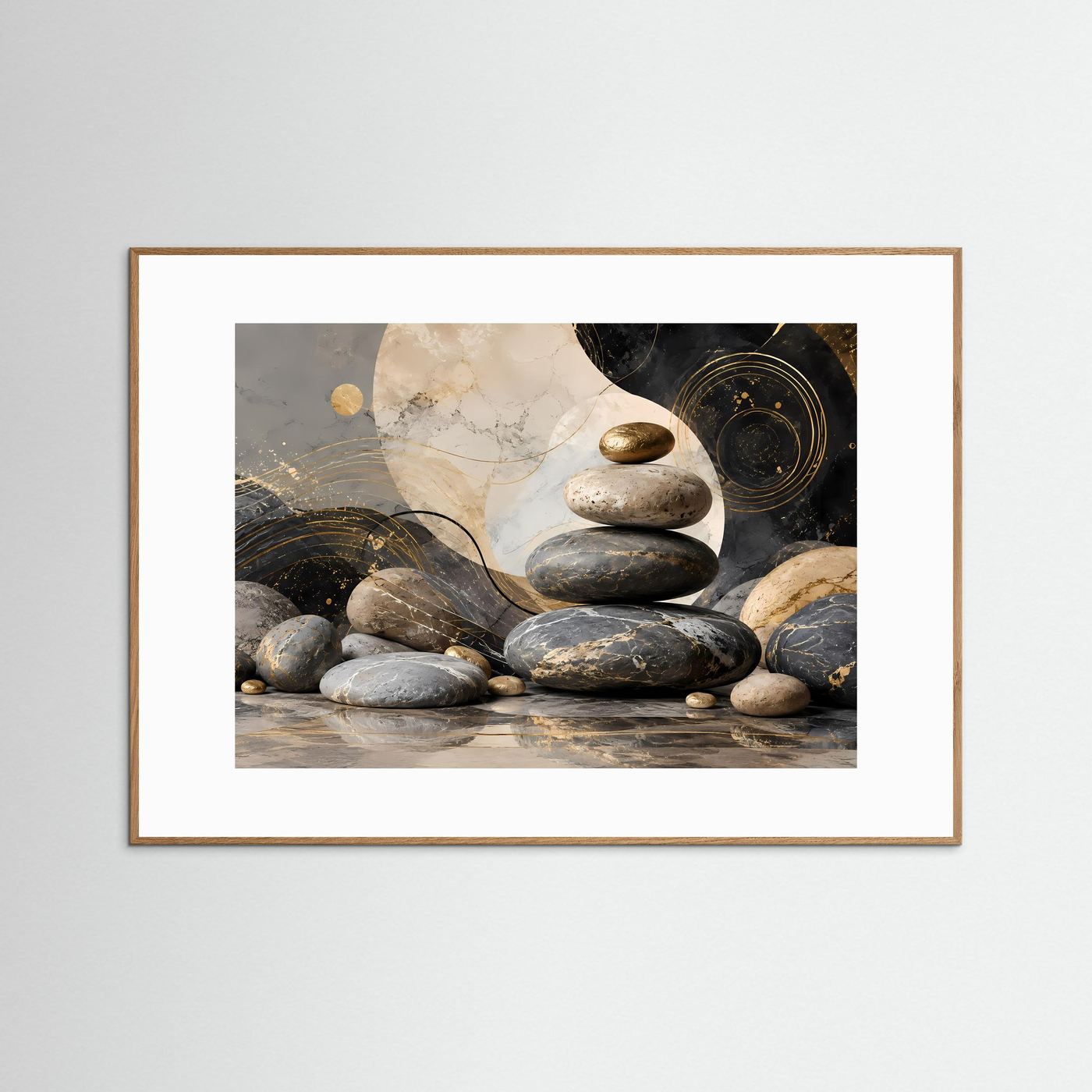 Zen Steine in Schwarz, Gold und Creme | Abstrakte Balance & Harmonie mit Marmorstruktur | Elegante moderne Wellness Kunst im Querformat
