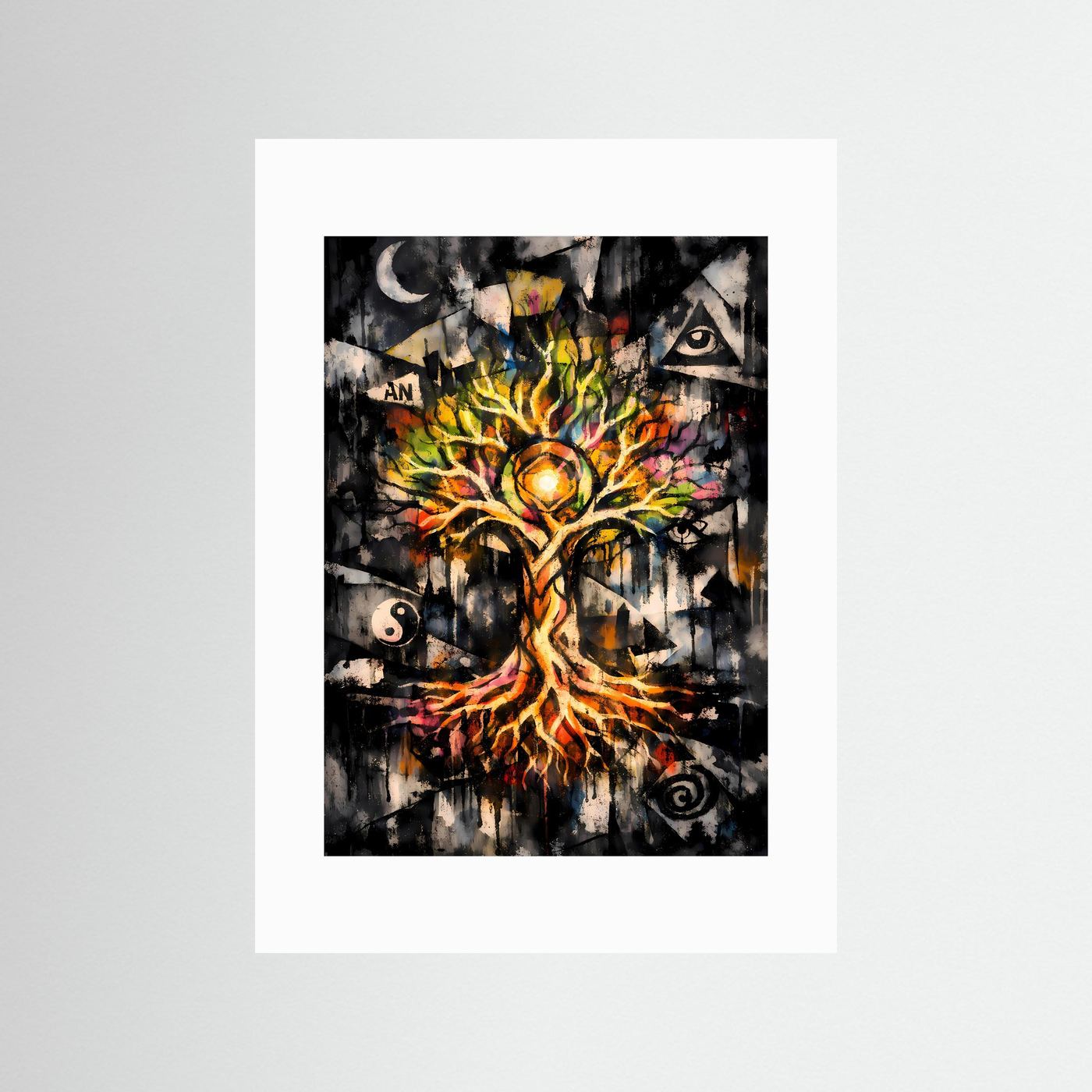 Die Harmonie des Kosmos | Mystisches Lebensbaum Poster mit spirituellen Symbolen | Abstraktes Kunstposter Hochformat