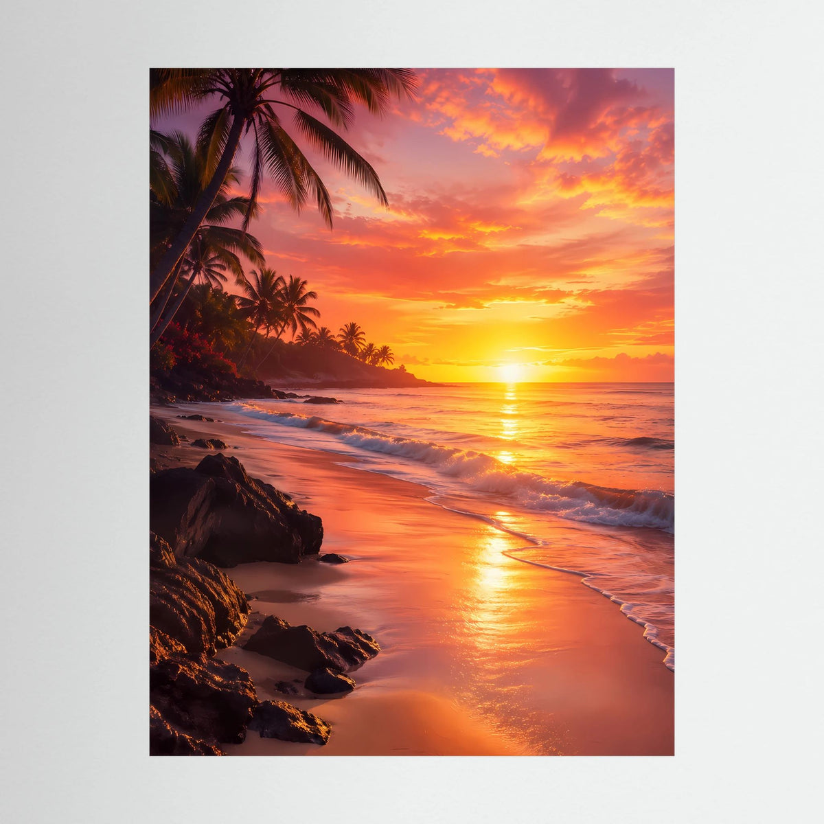Poster Hochformat: tropische Küste mit Palmen, Sonnenuntergang in Orange und Rosa