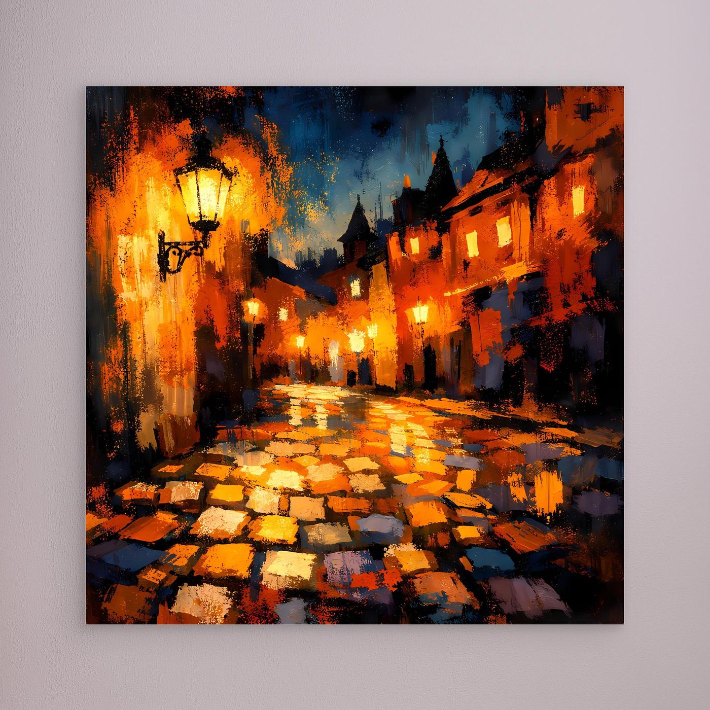 Leinwand Abstraktes Altstadt Gemälde | Modernes Romantisches Gassen Wandbild bei Nacht