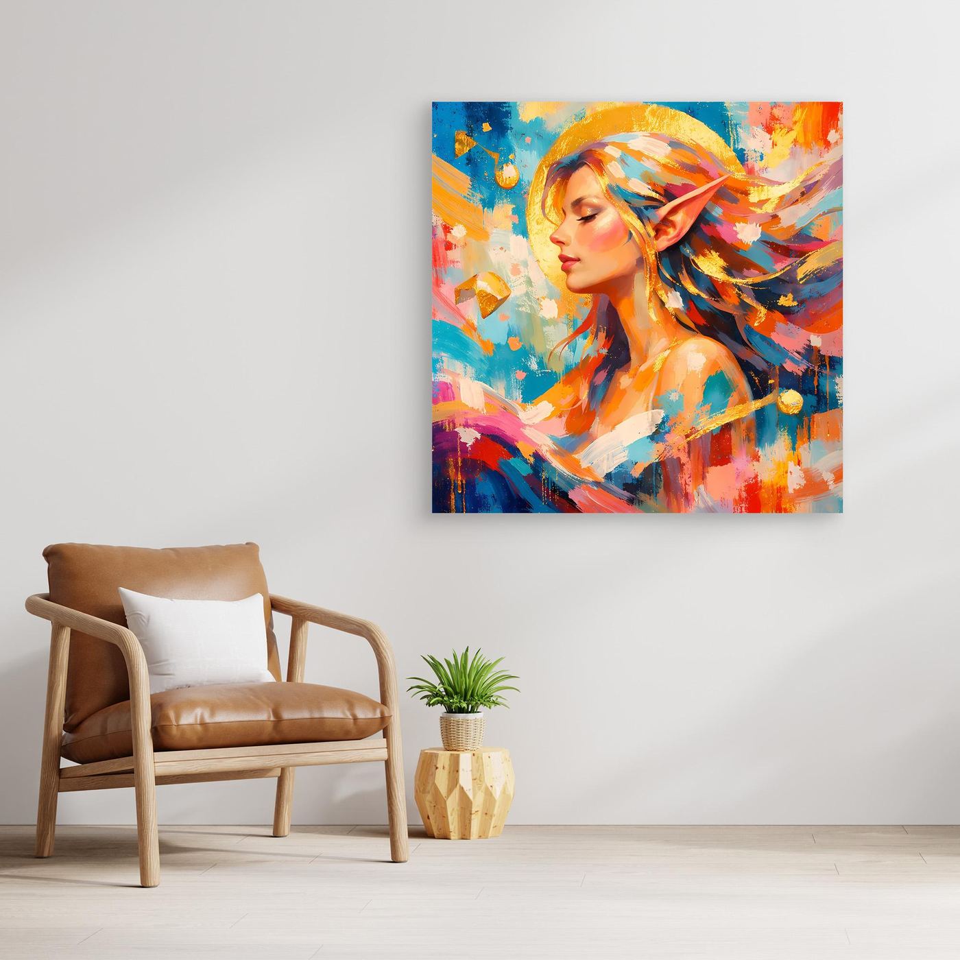Leinwandbild mit abstrakter Elfe im Profil, bunte Fantasy-Farben, rahmenlos