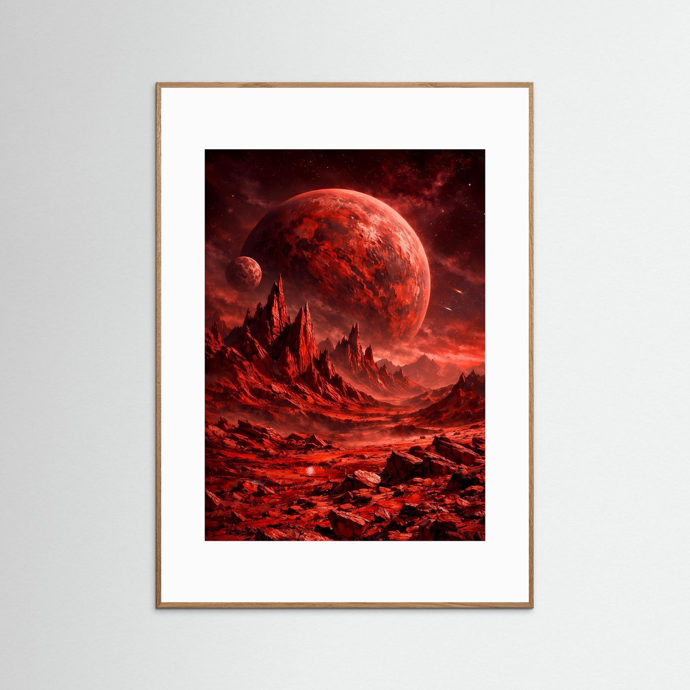 Sci-Fi-Kunstposter: roter Planet und Mond über roter Gebirgslandschaft, hellbraun gerahmt
