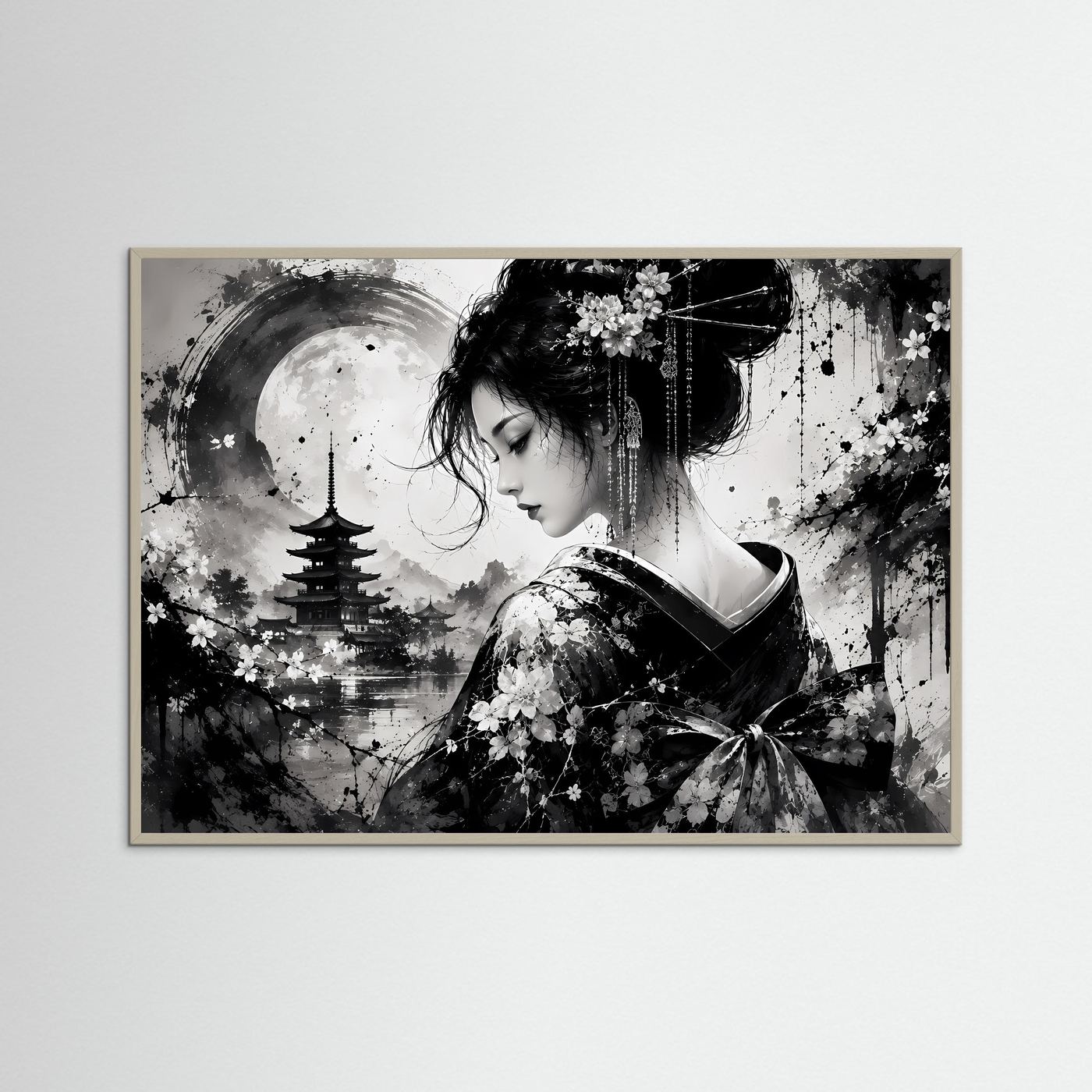 Geisha Poster Schwarz Weiß | Japanische Pagode & Vollmond | Sumi-e Wandbild | Asiatische Zen Kunst | Moderne Japan Wall Art