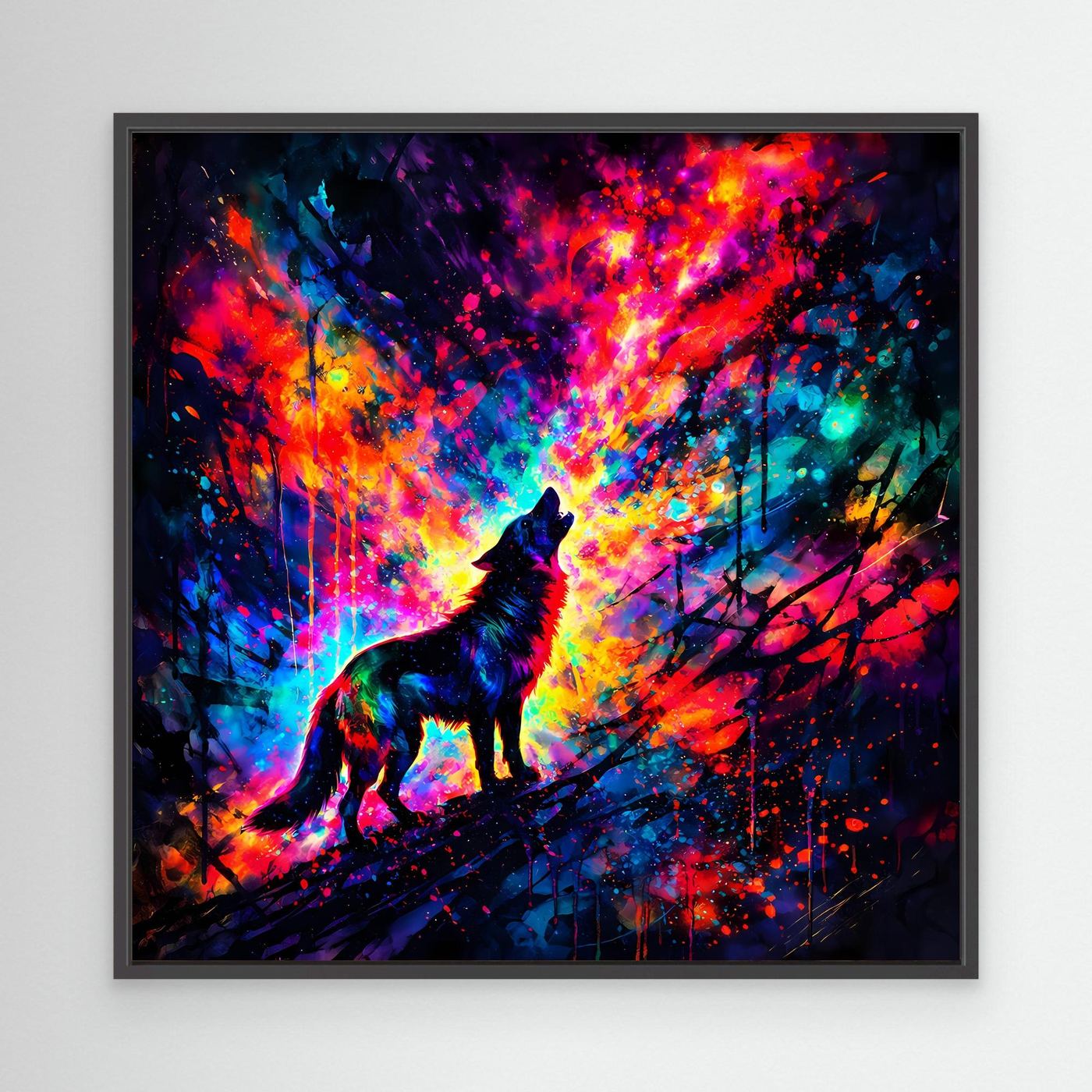 Leinwandbild: heulender Wolf-Silhouette, buntes abstraktes Farbenmeer, schwarzer Bilderrahmen