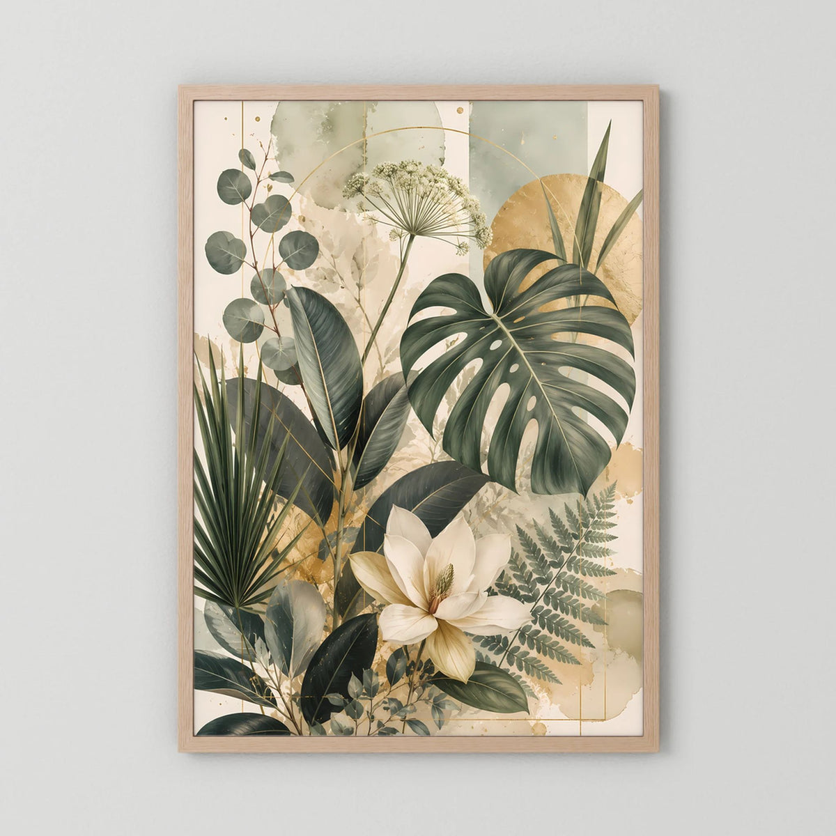 Hochformatiges Pflanzenposter mit grünen Tropenblättern und weißer Magnolie, Holzrahmen