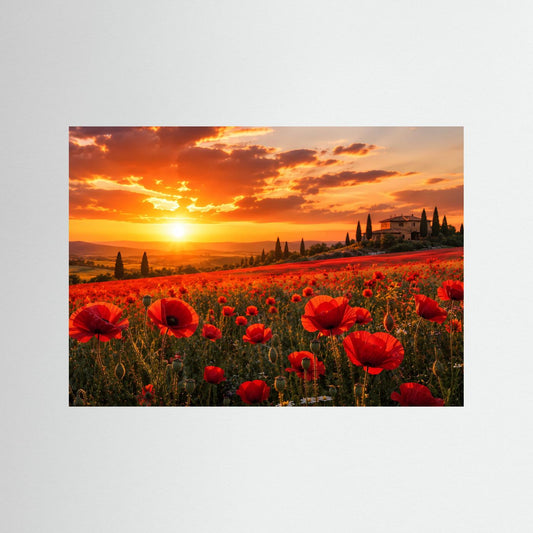 Querformatiges Poster mit roten Mohnblumen im Feld bei Sonnenuntergang