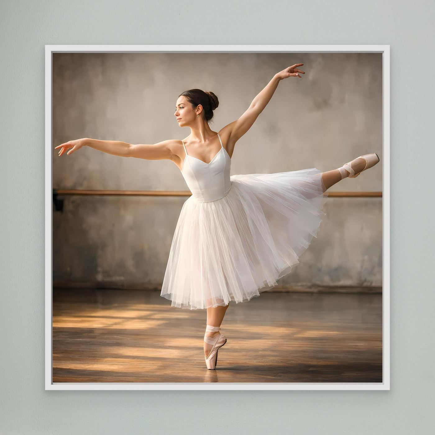 Wandbild mit Ballerina im weißen Tüllkleid, weißer Rahmen, elegante Drehung