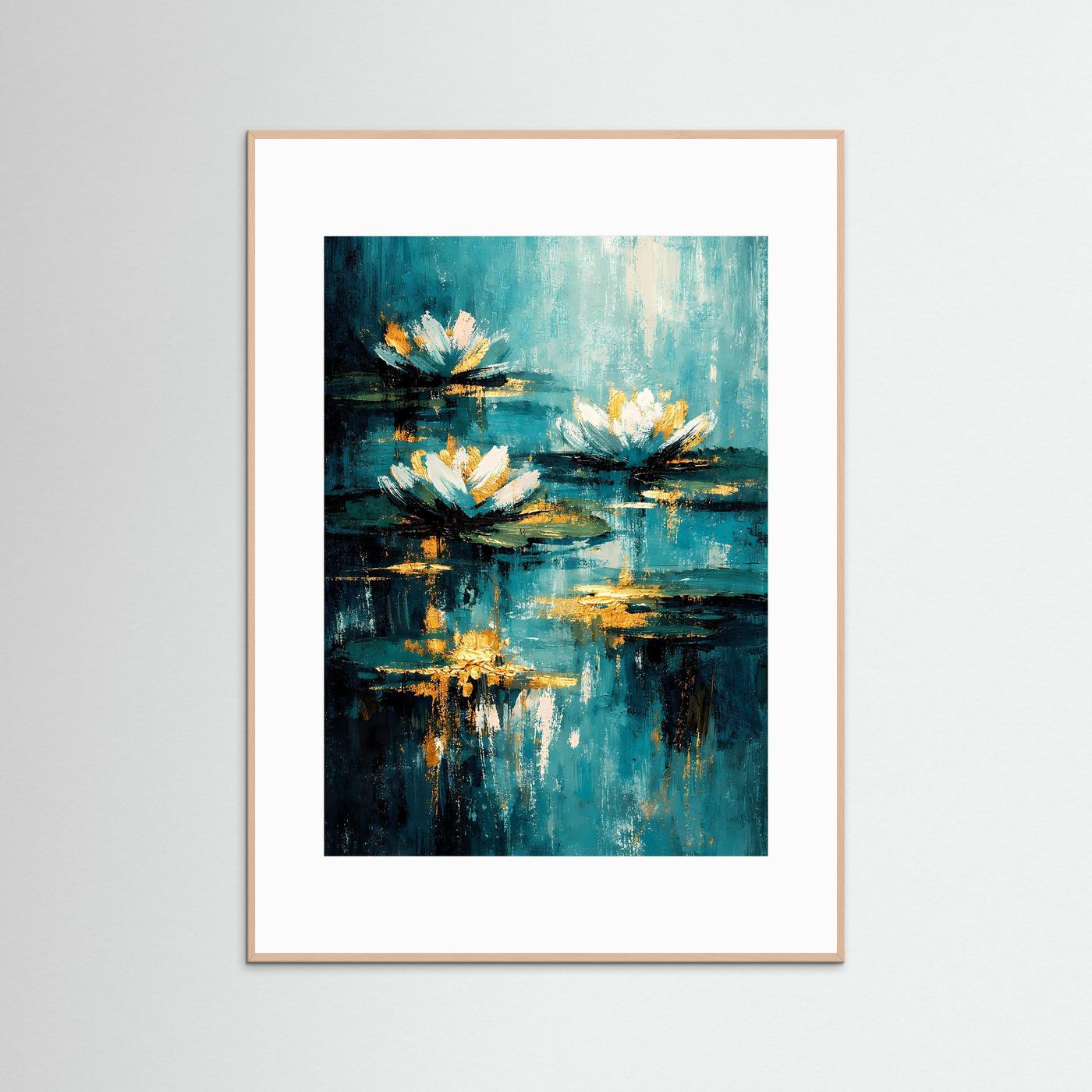 Wandbild mit Seerosen auf blauem Teich, abstrakte Pinseloptik, im beigen Rahmen