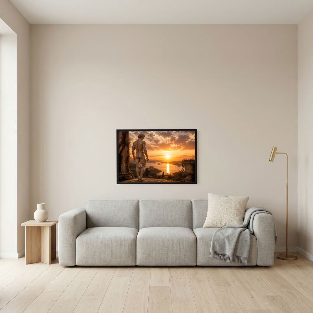 Kleines gerahmtes Poster mit antiker Statue in Bronze, Meerblick bei Sonnenuntergang