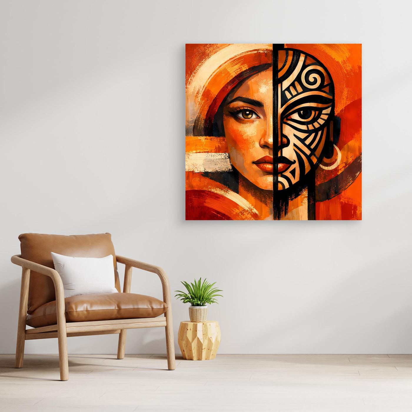 Leinwandbild mit Rahmen: Nahansicht des Maskenfrau-Porträts, Orange-Rot mit schwarzen Ornamentelementen