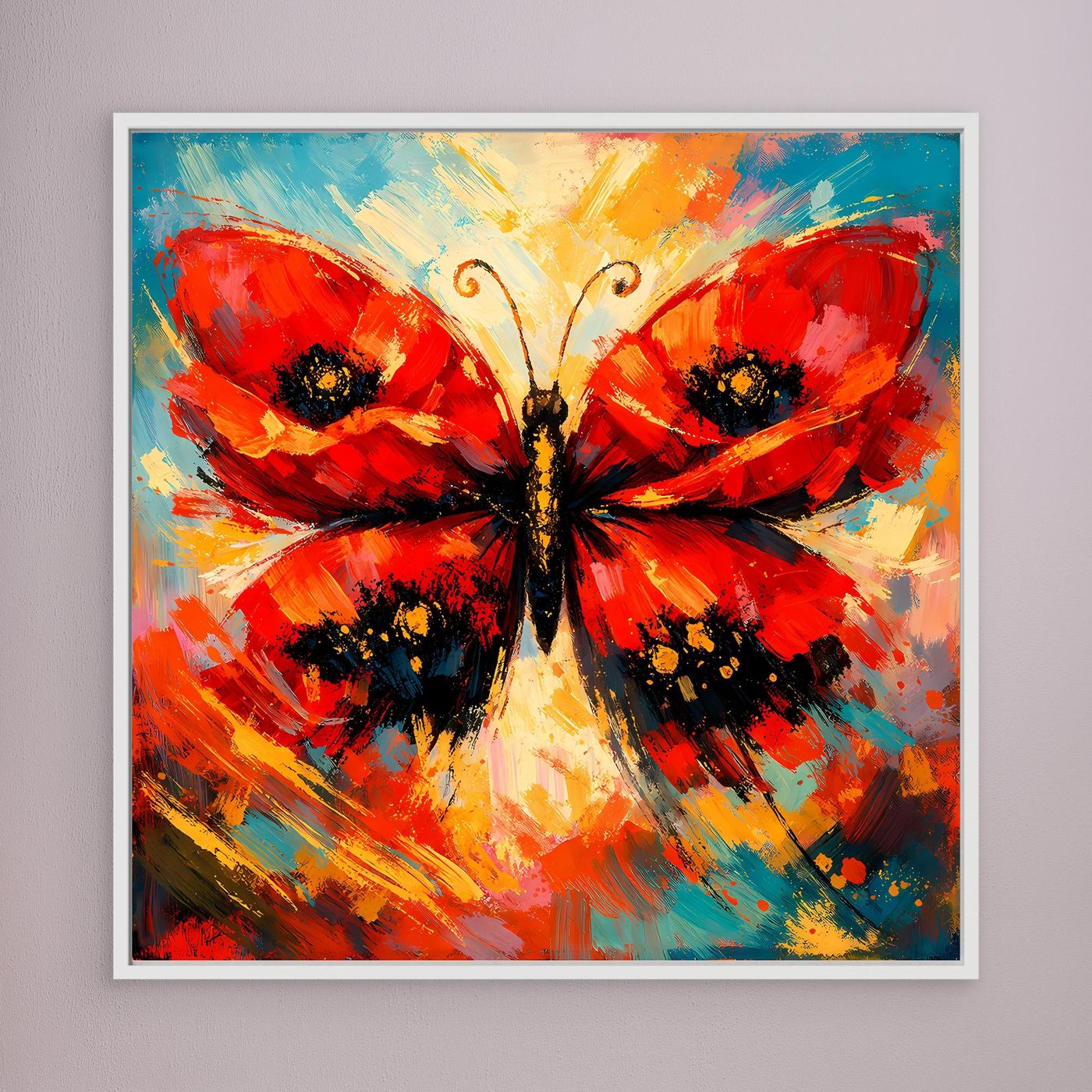 Quadratisches Leinwandbild Schmetterling mit warmem Farbverlauf, weiß gerahmt.