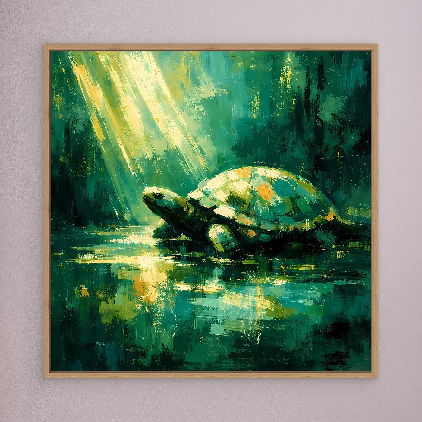 Leinwand Mystische Schildkröte im Lichtstrahl | Abstraktes Natur Wandbild Grün