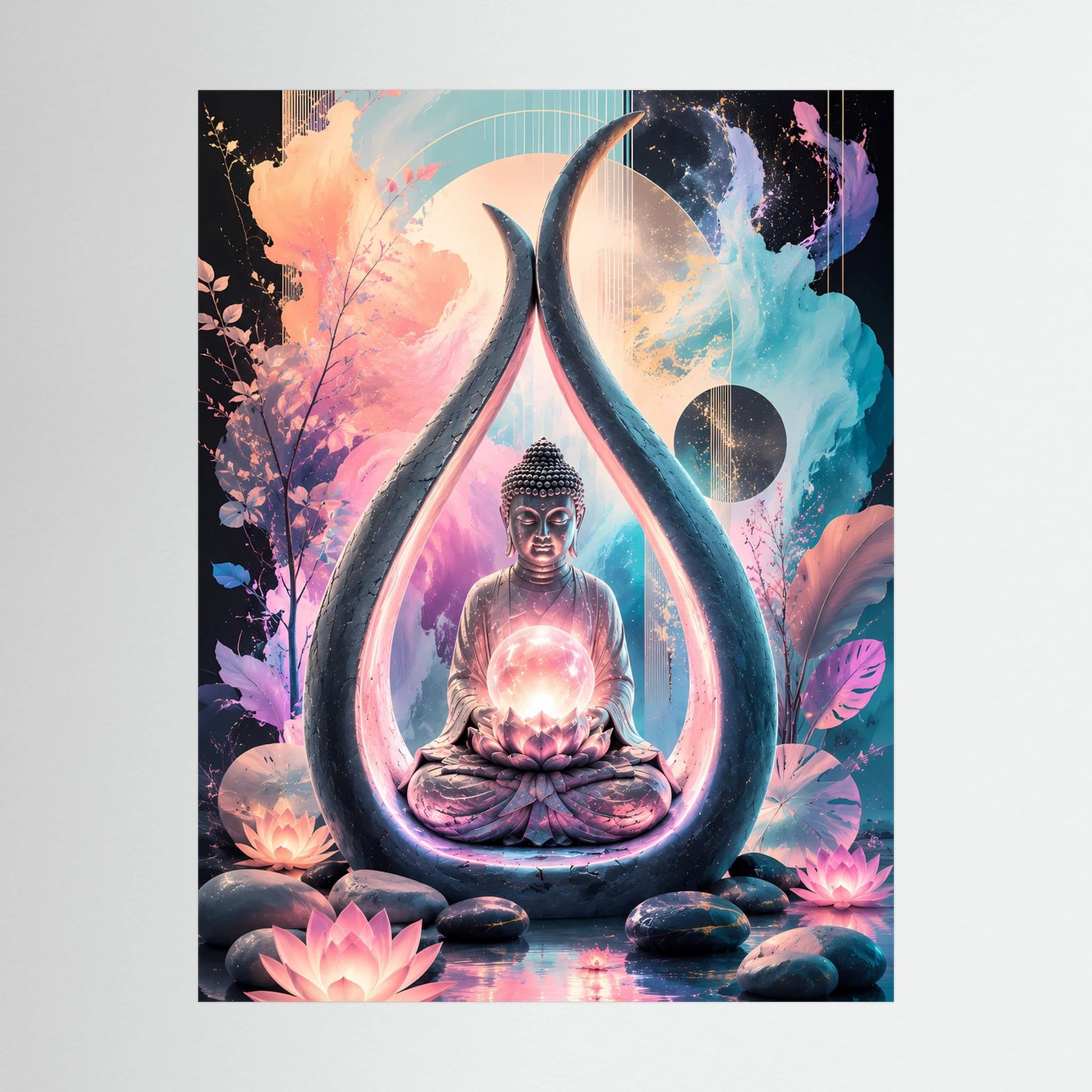 Nahaufnahme Hochformat-Poster: Buddha in großer Tropfenform mit leuchtendem Licht, mehrfarbig