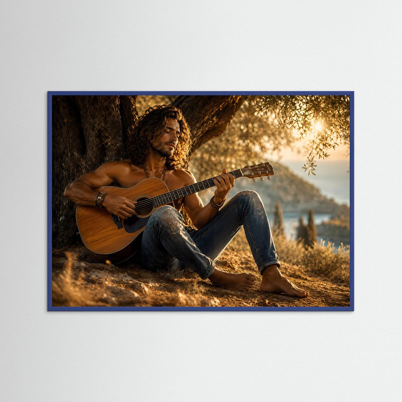 Querformat-Poster mit sitzendem Gitarristen und brauner Akustikgitarre, blauer Holzrahmen