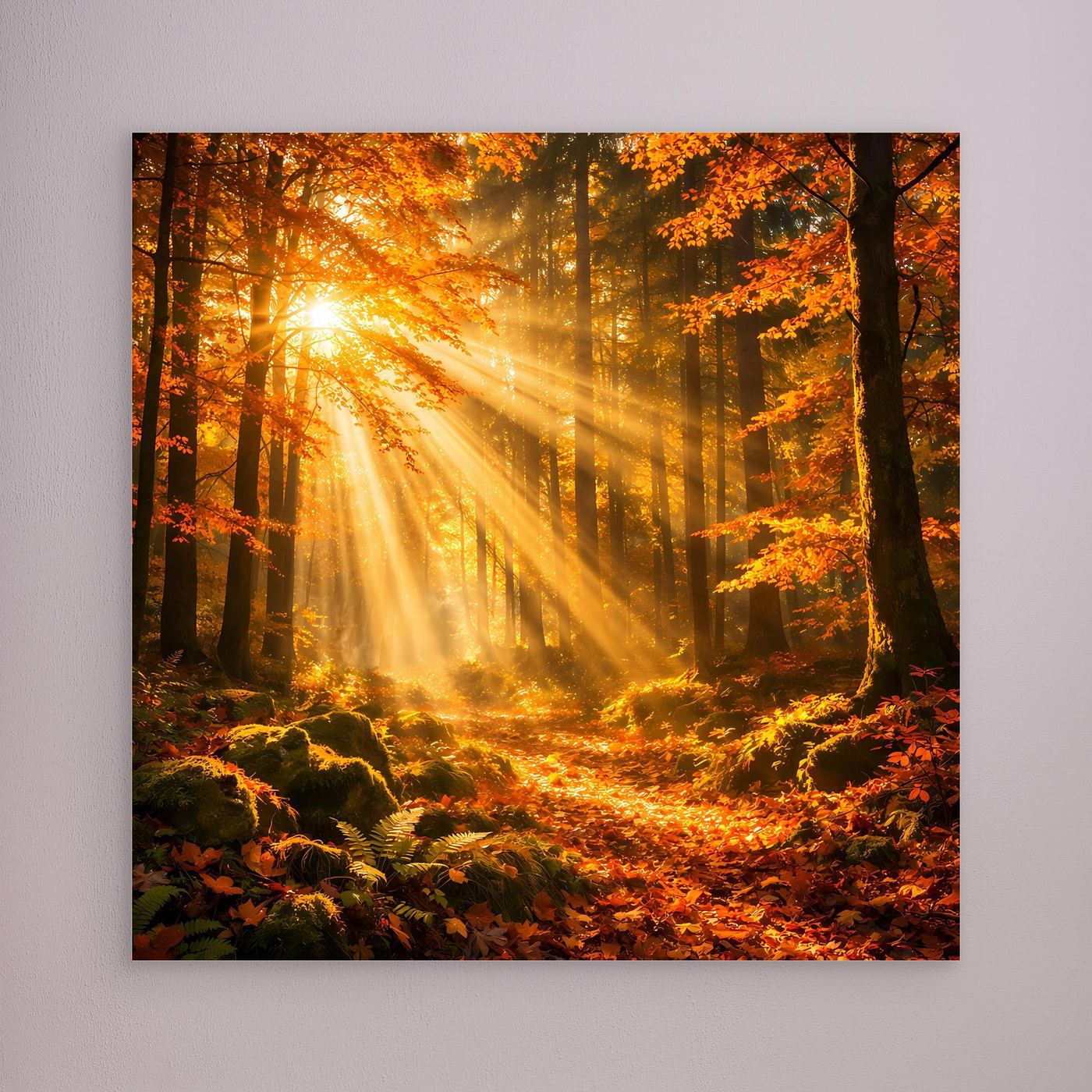 Leinwandbild Herbstwald mit Sonnenstrahlen, dichte Baumreihe und leuchtendes Licht im Wald