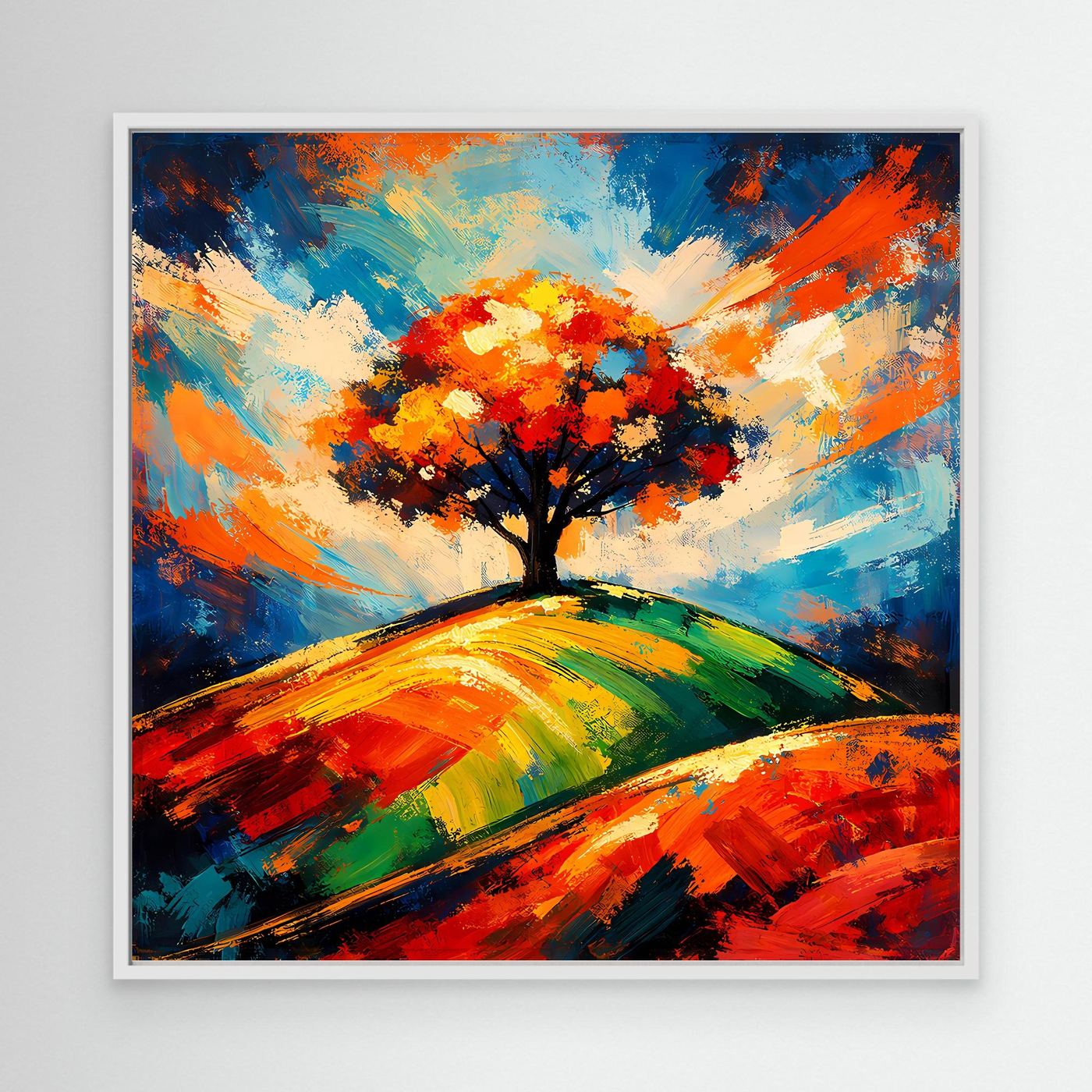 Leinwandbild mit abstraktem Lebensbaum und weißem Rahmen, orange-gelbe Baumkrone
