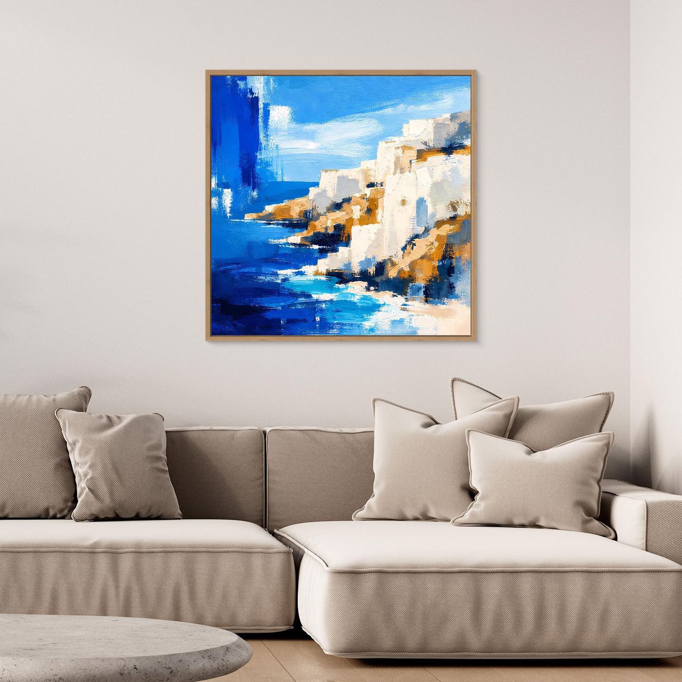 Abstraktes Leinwandbild mediterrane Steilküste in Blau und Weiß mit dünnem hellen Rahmen