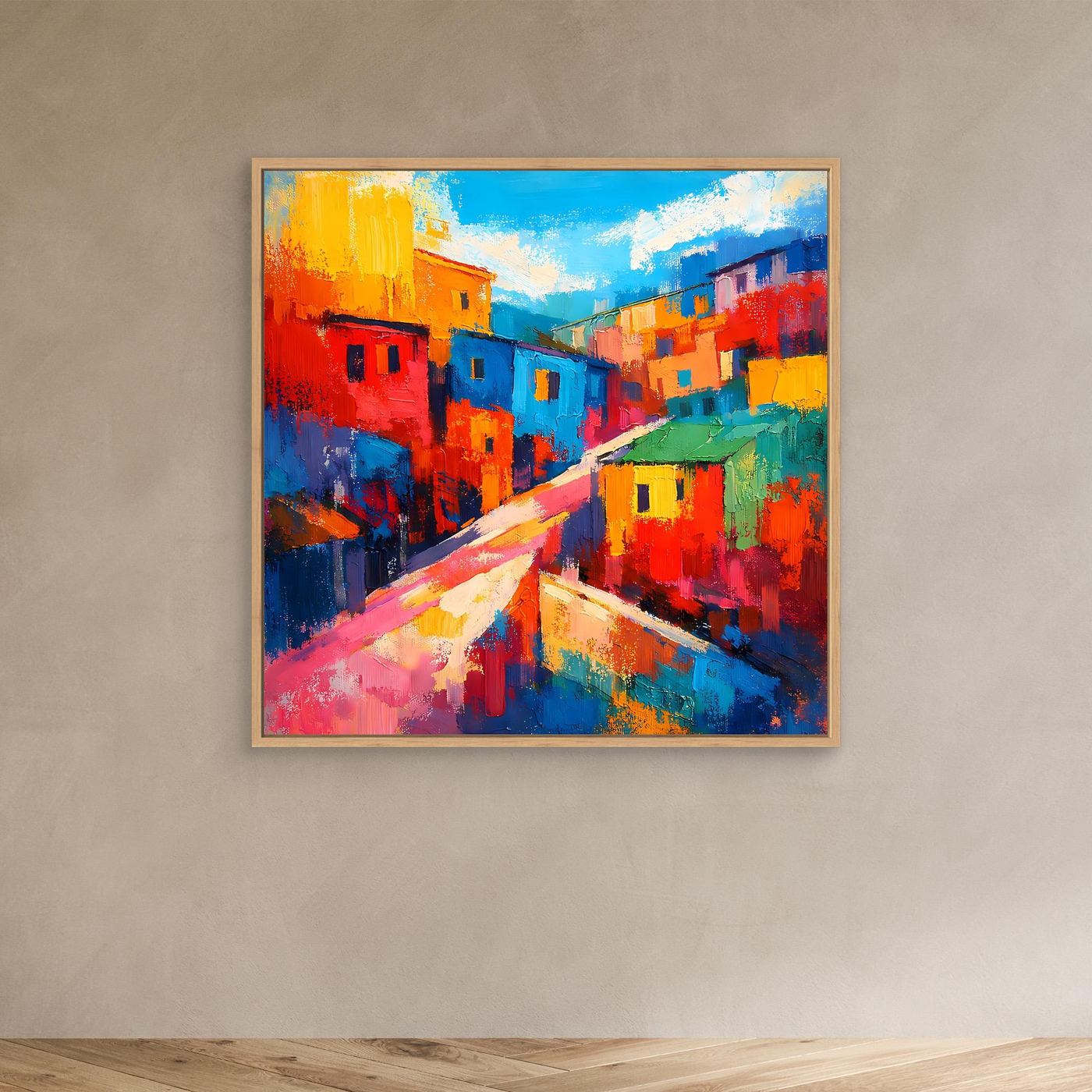 Abstraktes Favela-Leinwandbild mit hellem Holzrahmen: bunte Häuser, Straße im Blick