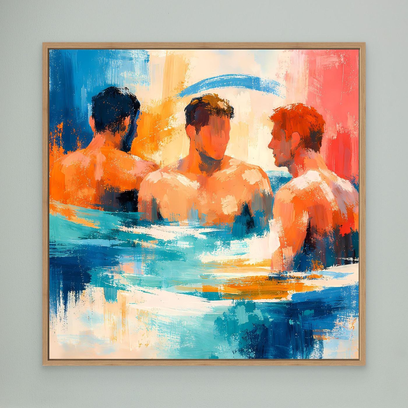 Framed abstract men-in-water painting wall art with blue and orange figures, oak frame