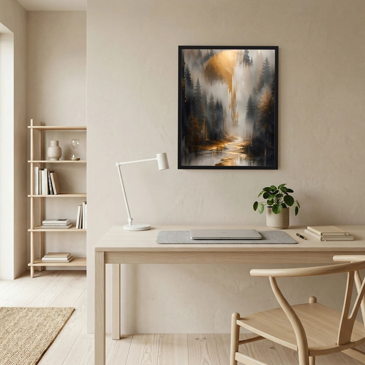 Gerahmtes Poster im Hochformat mit düsterem Wald, Nebel und goldenem Flussweg