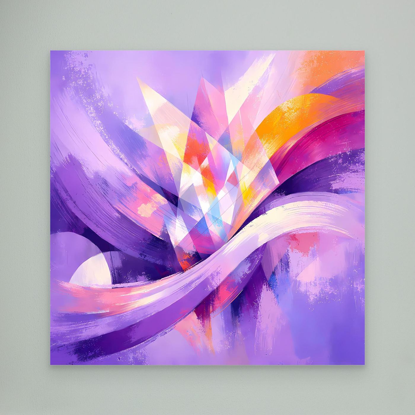 Leinwandbild mit abstraktem Blumenmotiv in Lila, Rosa und Orange, ohne Rahmen