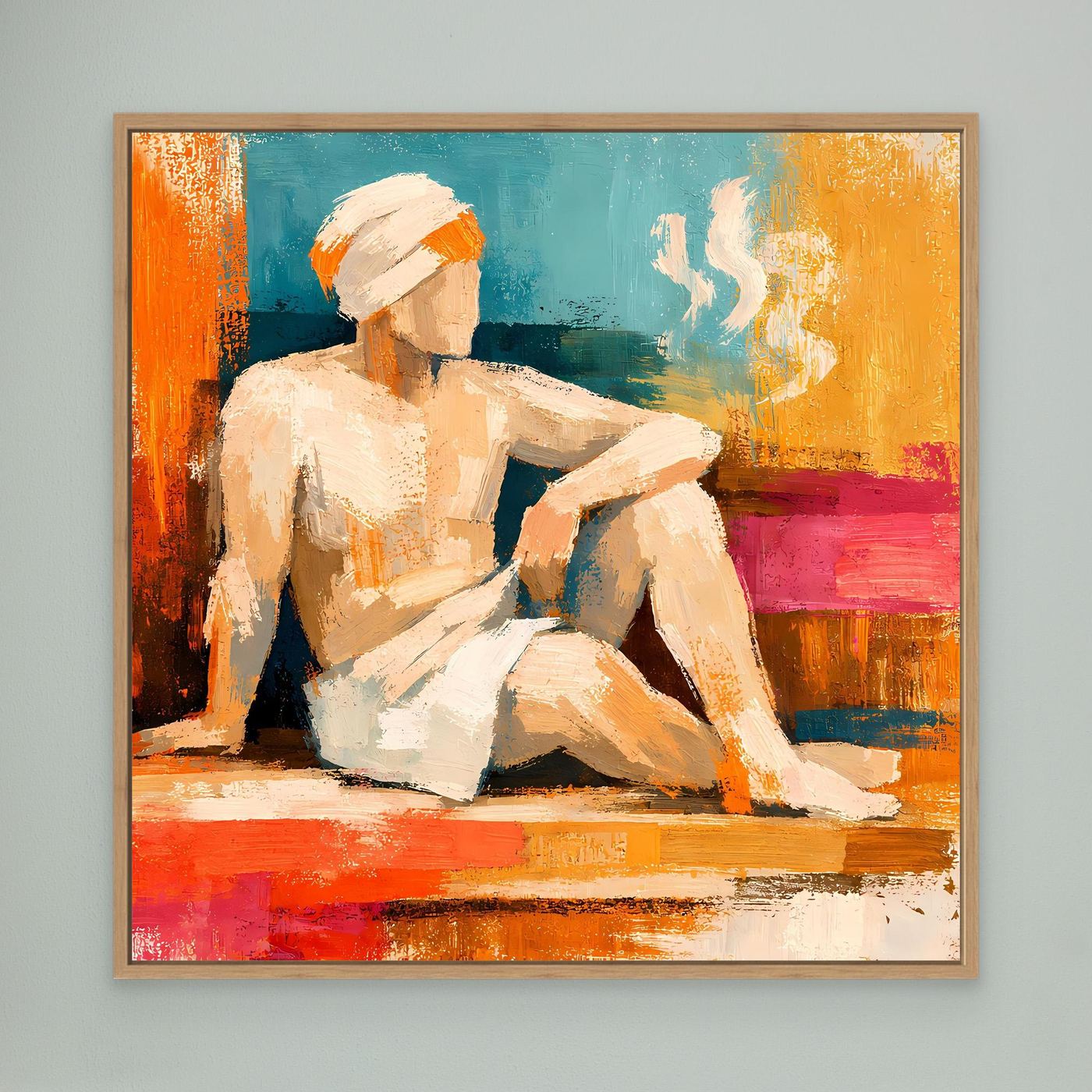 Abstract canvas wall art with oak frame, seated woman and white smoke against colorful blocks