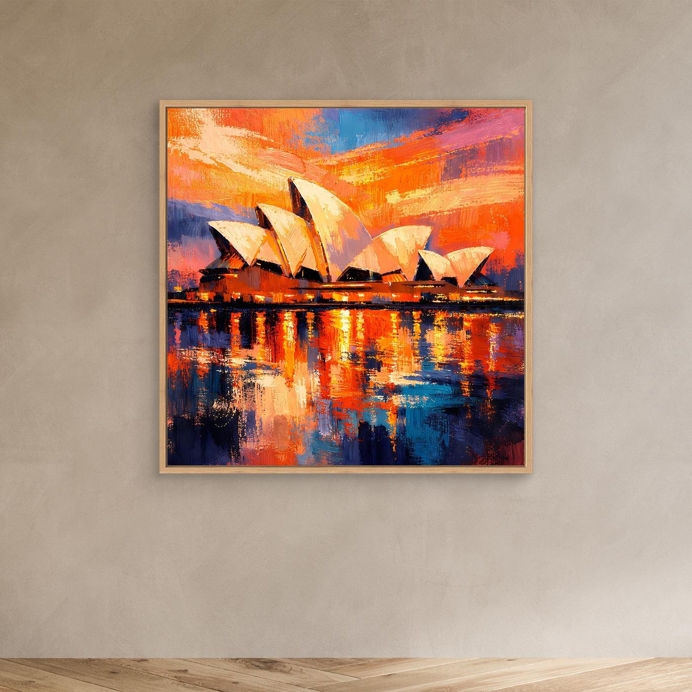 Quadratisches abstraktes Leinwandbild mit Sydney Opera House im Abendrot im Eichenrahmen