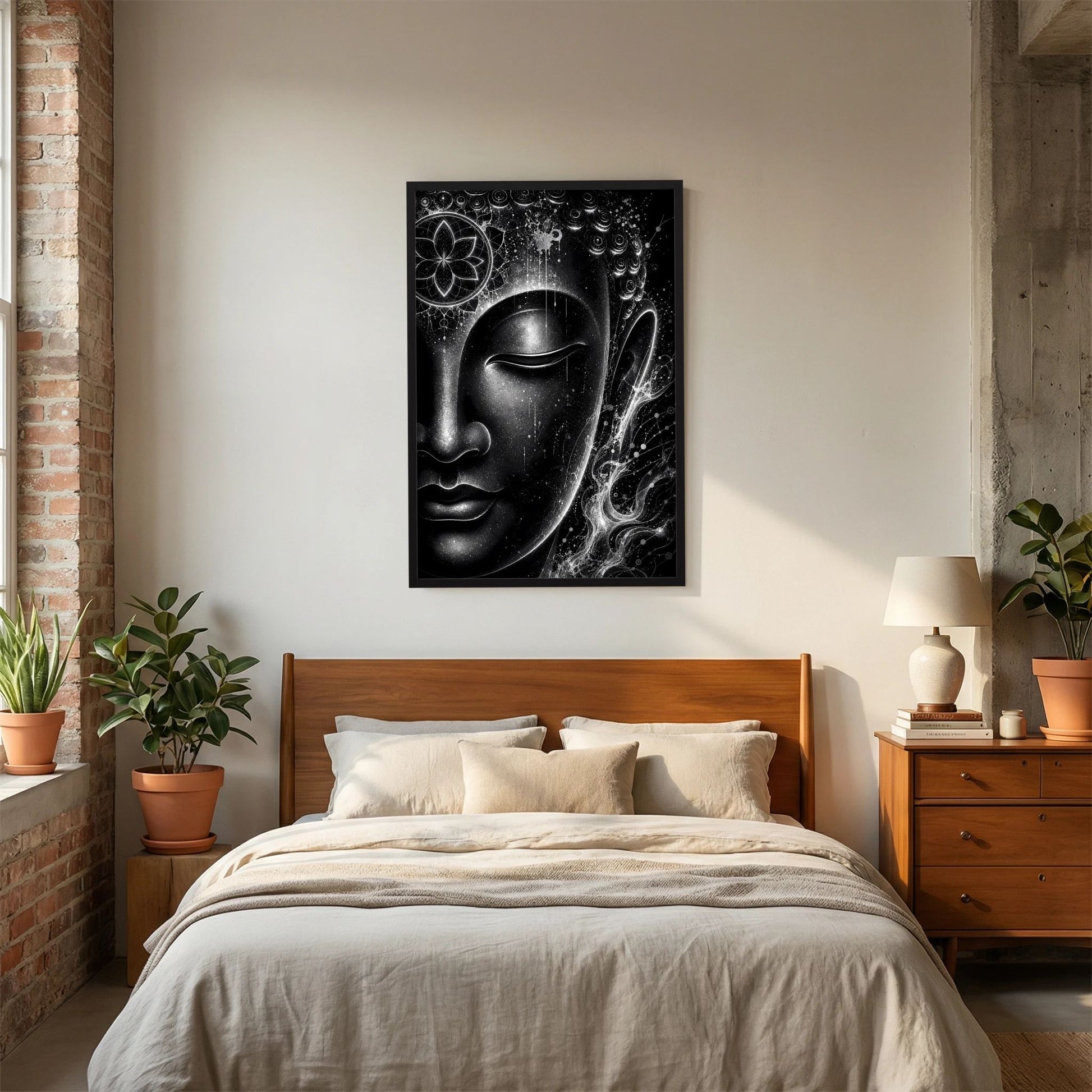 Gerahmtes Poster mit Buddha-Gesicht in Schwarzweiß, Mandala und Lichtenergien, Hochformat