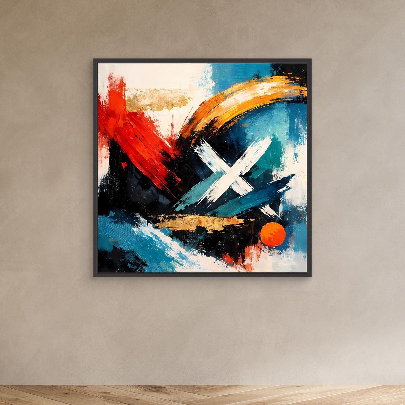 Abstraktes Leinwandbild mit schwarzem Rahmen: rote, blaue & schwarze Pinselstriche, weißes X.