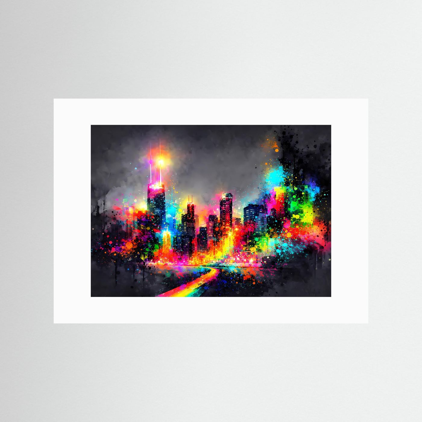 Abstrakte Chicago Skyline bei Nacht | Neon Pop Art & Bunte Wanddeko Querformat