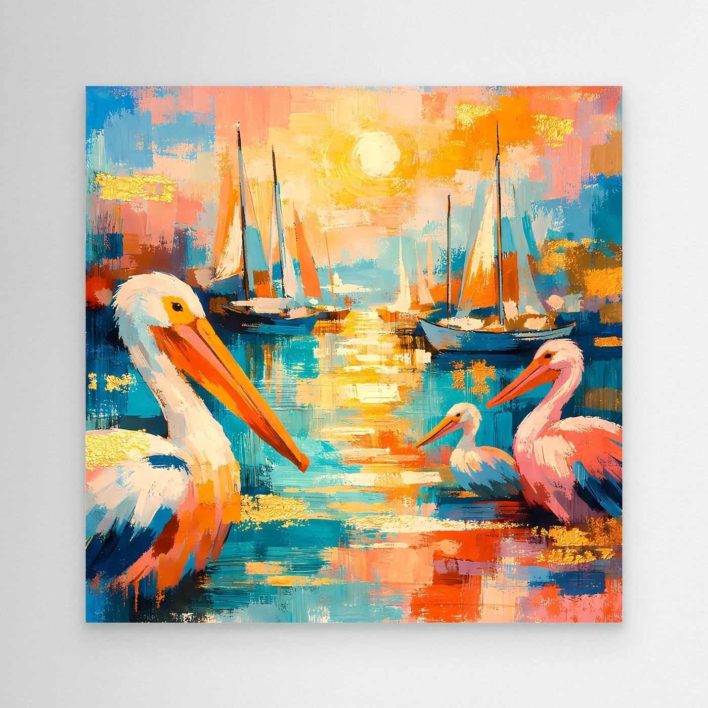Leinwandbild mit bunten Pelikanen am Hafen und Segelbooten im Sonnenlicht